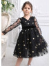 Long Sleeves Black Gold Star Tulle V Back Wedding Flower Girl Dress